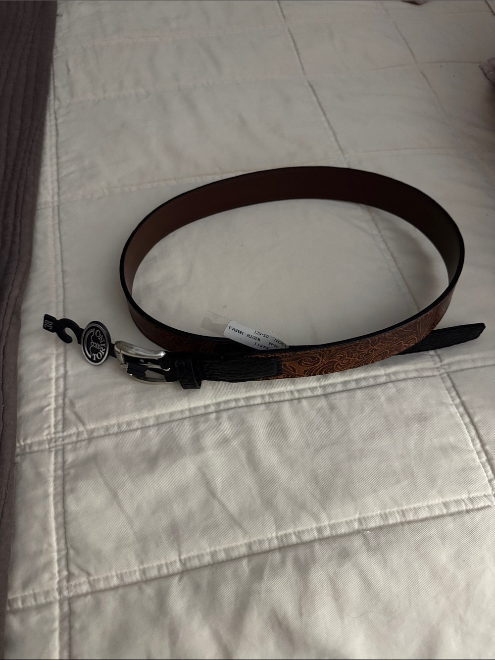 Men's Brown Embossed Leather Belt with Black Buckle Accents